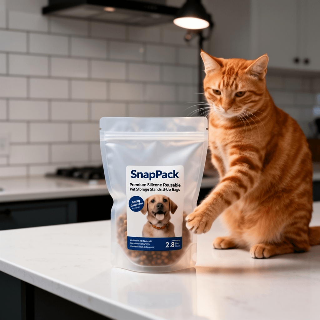 SnapPack Premium Silicone Reusable Pet Storage Stand-Up Bags with cat - professional product lifestyle photo
