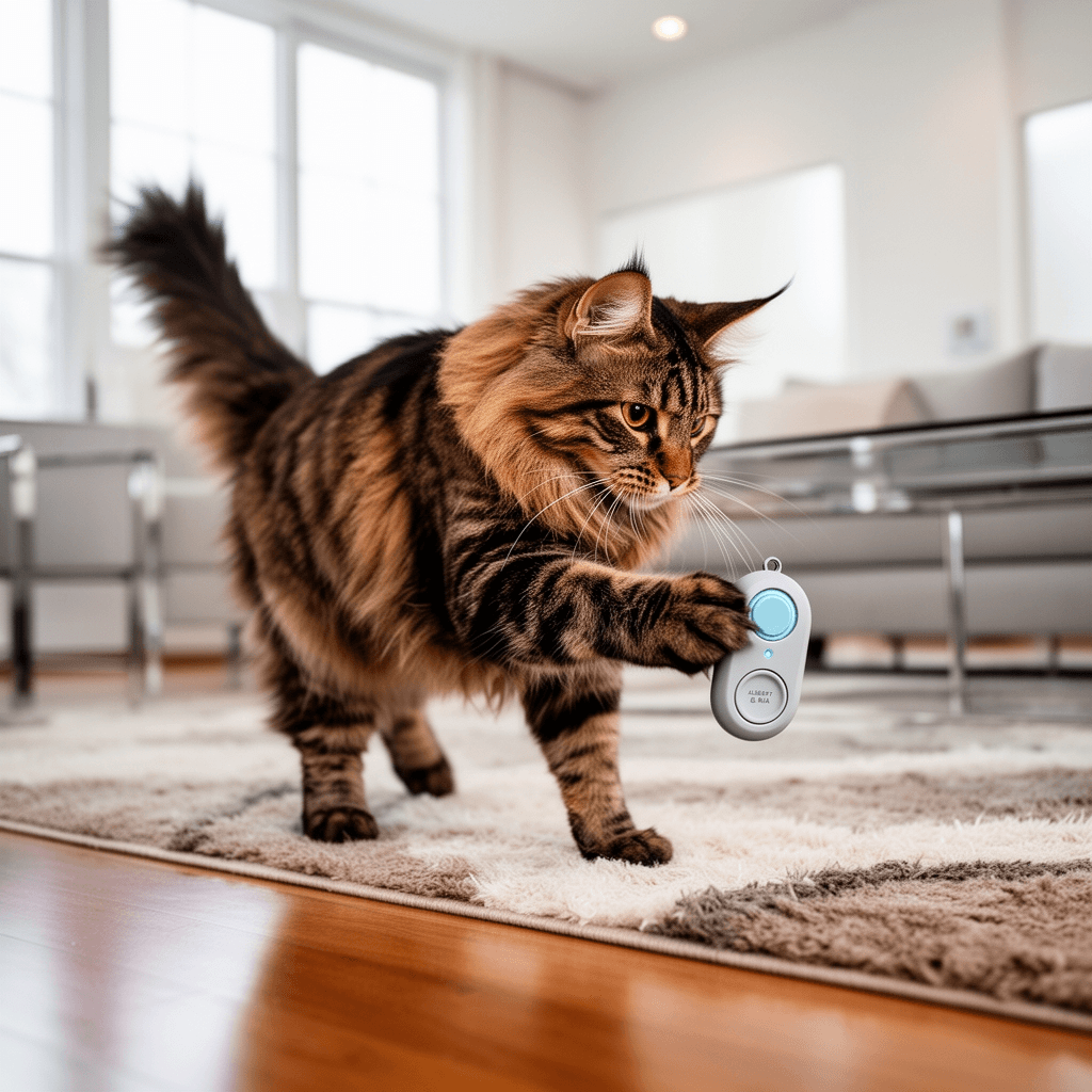 ALBERT & MIA Cat Training Kit  - Quiet Clicker + Target with cat - professional product lifestyle photo