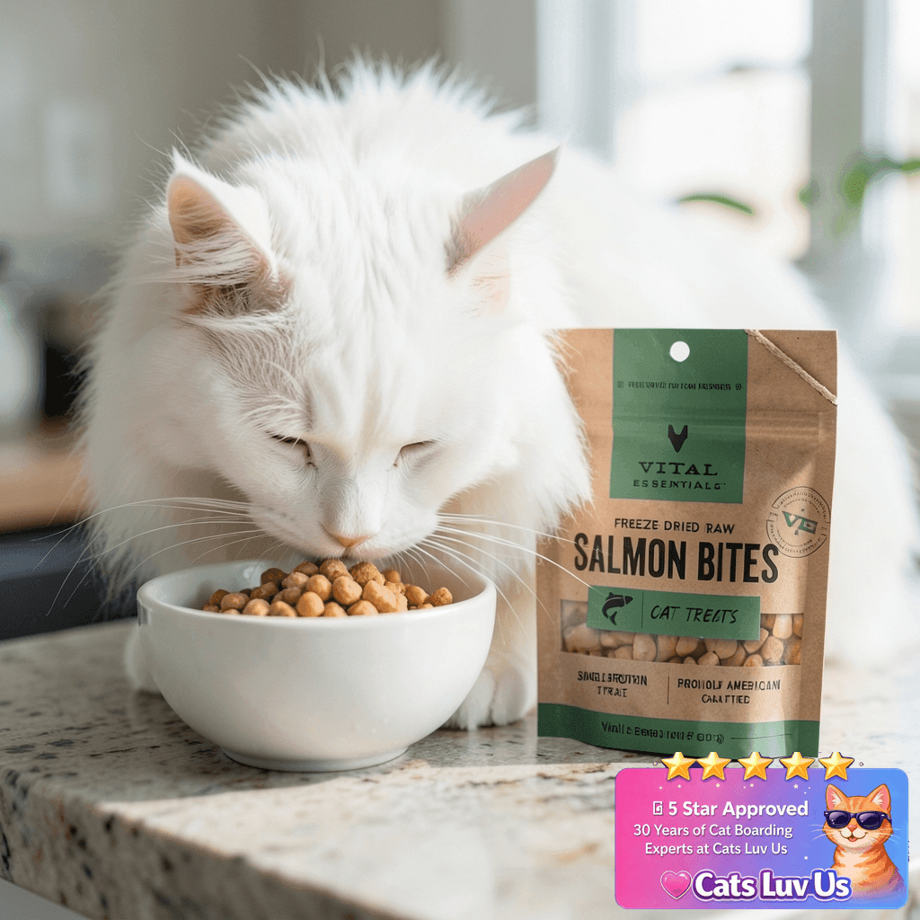 Essentials Freeze Dried Cat Treats | Salmon Bites with cat - professional product lifestyle photo