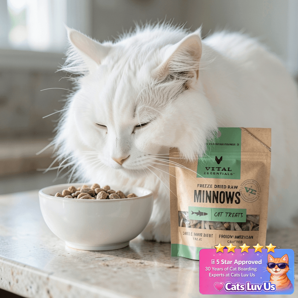 Essentials Freeze Dried Minnows Cat Treats | Single with cat - professional product lifestyle photo