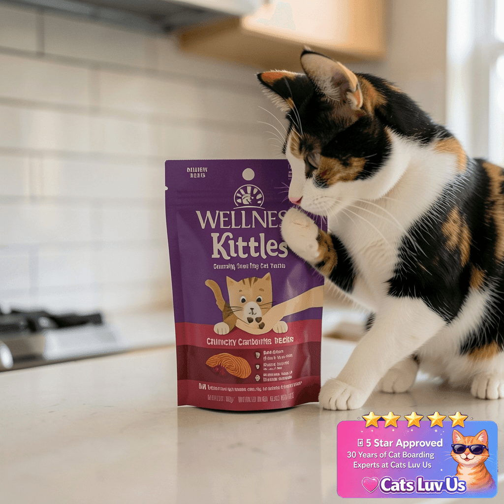 Wellness Kittles Crunchy Natural Grain Free Cat Treats with cat - professional product lifestyle photo