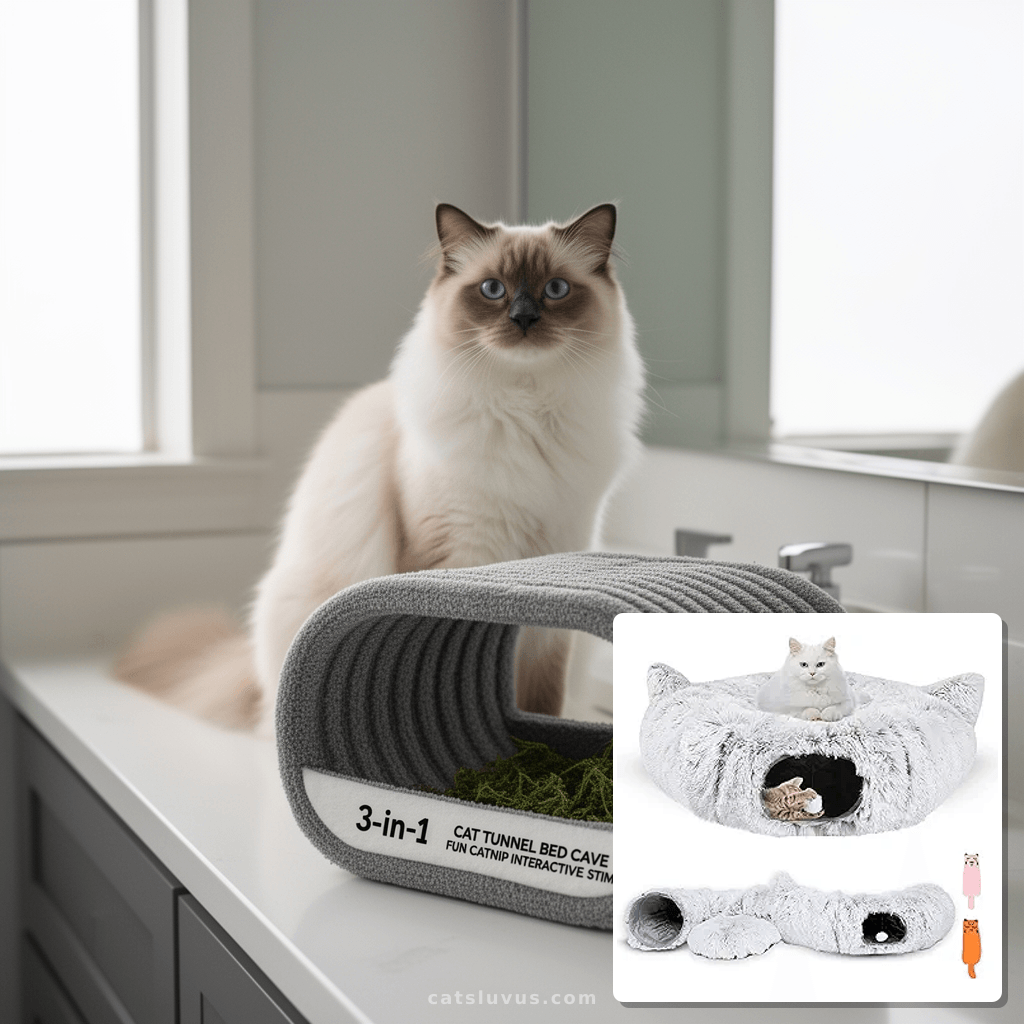 3-in-1 Cat Tunnel Bed Cave with Fun Catnip Interactive Stimu with cat - professional product lifestyle photo