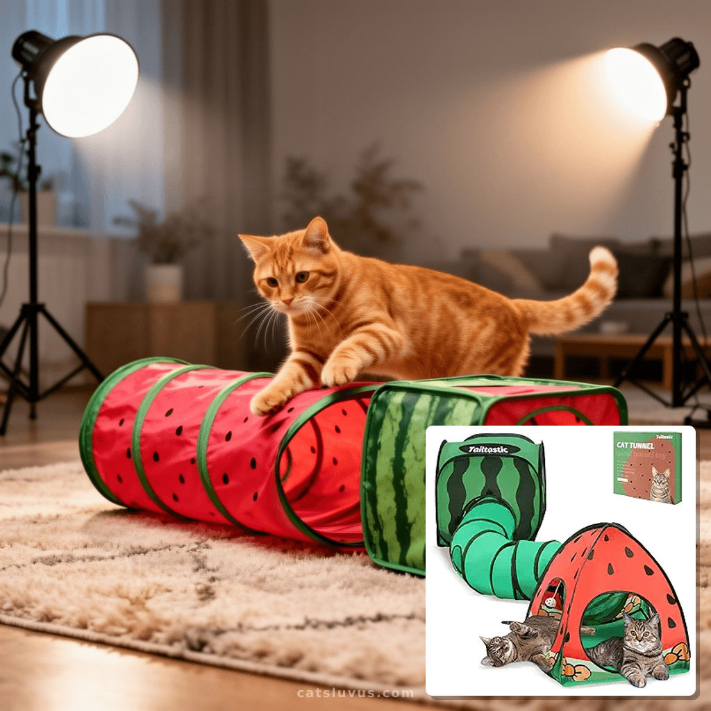 3-in-1 Watermelon Cat Play Tunnel with Pop-Up Cube & Triangl with cat - professional product lifestyle photo
