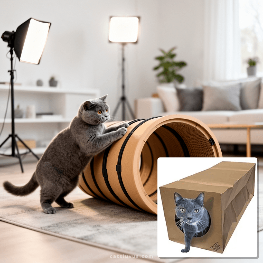 Dezi & Roo Hide and Sneak Collapsible Paper Cat Tunnel - Mad with cat - professional product lifestyle photo