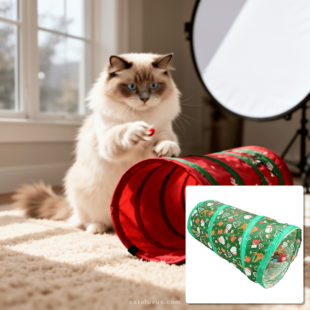 Christmas Cat Tunnel Straight Tube – Holiday Collapsible Cat with cat - professional product lifestyle photo