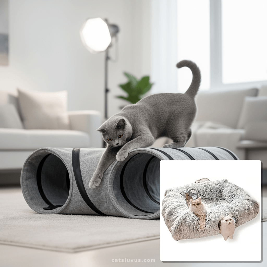 XxingSheep 4 Cave Shuttled XL Cat Tunnel Bed for Indoor Cats with cat - professional product lifestyle photo