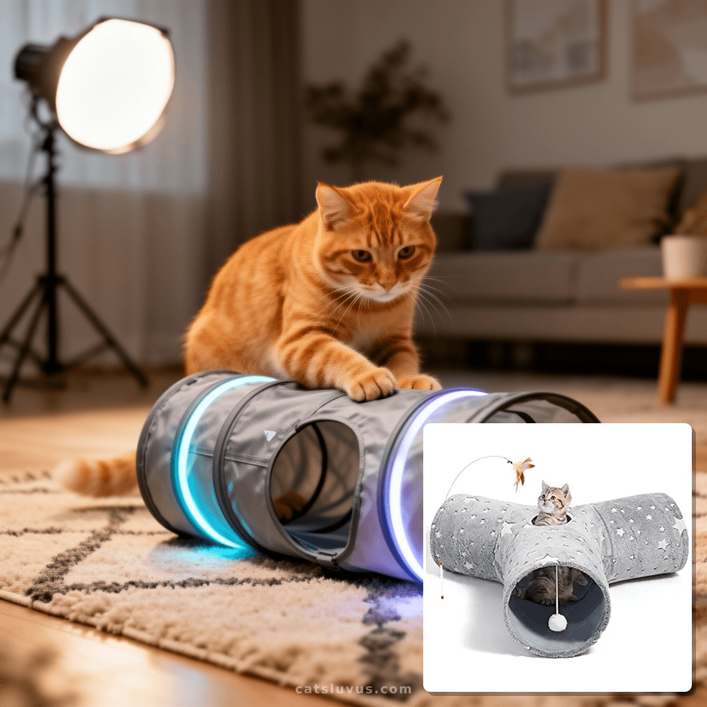 Tempcore 3-Way Collapsible Cat Tunnel Toy with Self-Luminous with cat - professional product lifestyle photo