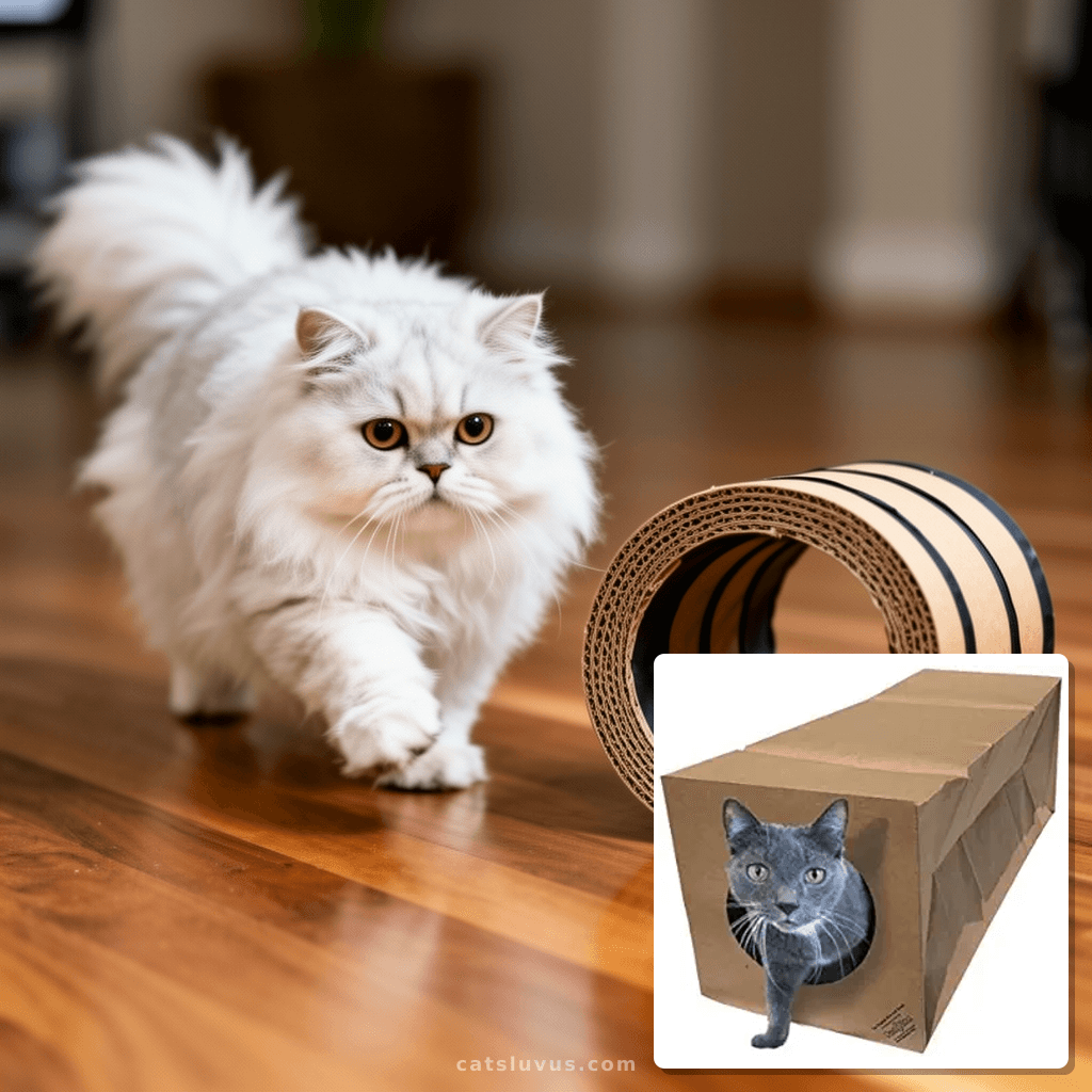 Dezi & Roo Hide and Sneak Collapsible Paper Cat Tunnel - Mad with cat - professional product lifestyle photo