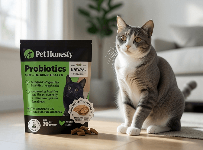 Cat owner reviewing cat vitamins & supplements for small spaces options for their pet in 2026