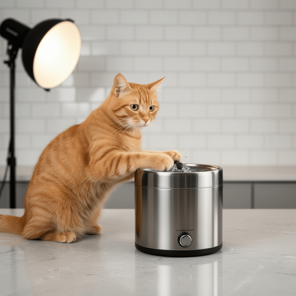 Cat Water Fountain Advanced 304 Stainless Steel 2.2L/74oz with cat - professional product lifestyle photo