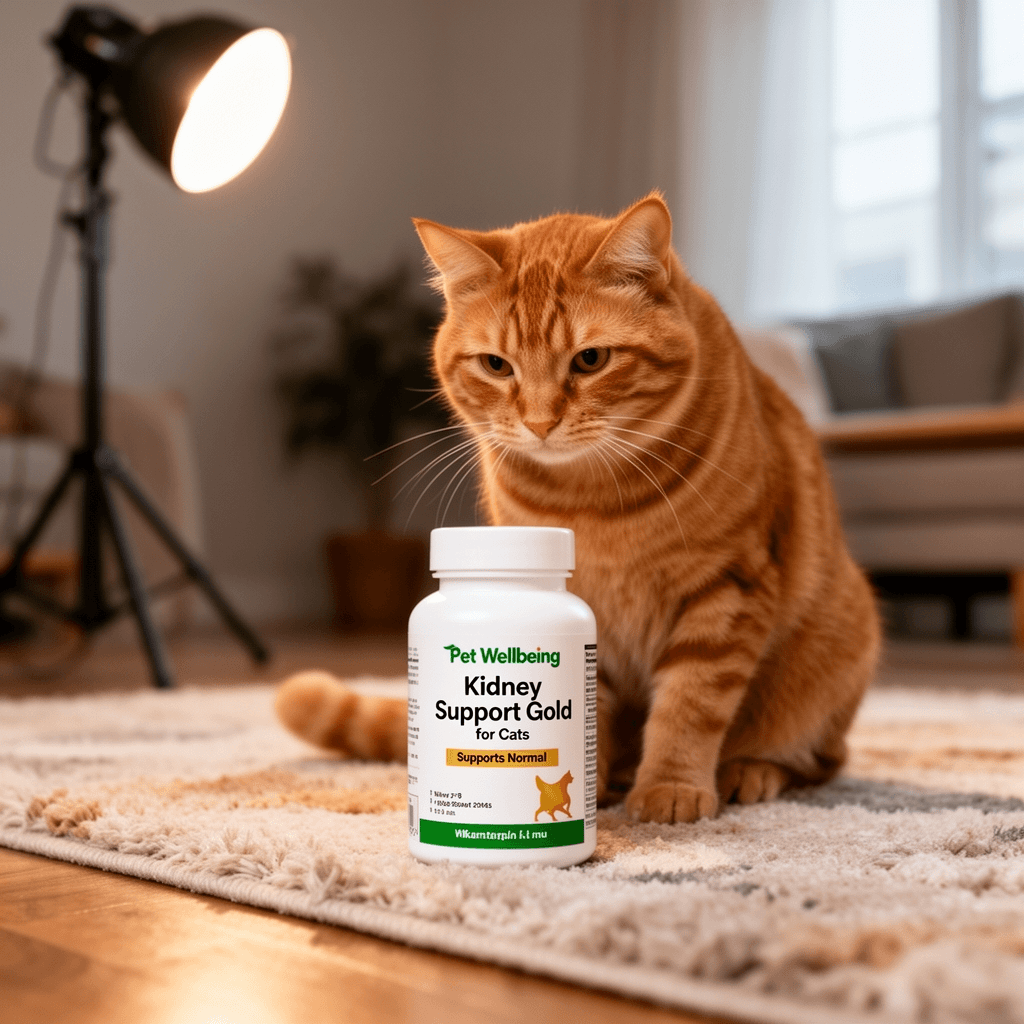Pet Wellbeing Kidney Support Gold for Cats - Supports Normal with cat - professional product lifestyle photo