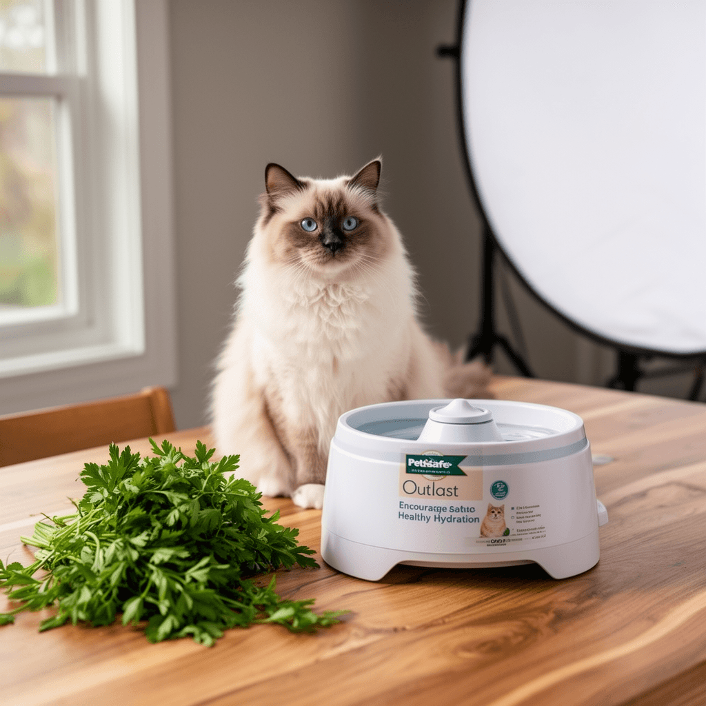 PetSafe Outlast Cat Fountain - Encourages Healthy Hydration with cat - professional product lifestyle photo