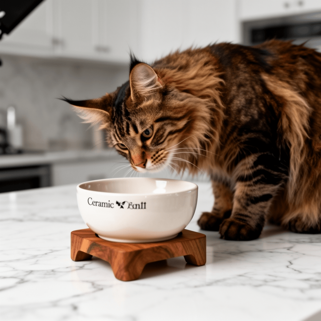 Ceramic Dog Cat Bowl with Wood Stand with cat - professional product lifestyle photo