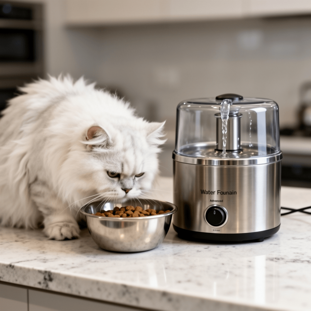 Cat Water Fountain Advanced 304 Stainless Steel 2.2L/74oz with cat - professional product lifestyle photo