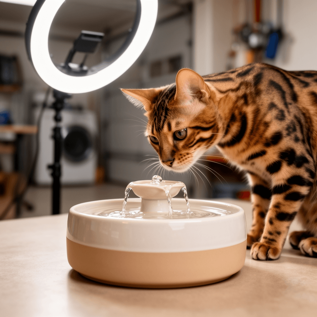Ceramic Cat Water Fountain with cat - professional product lifestyle photo