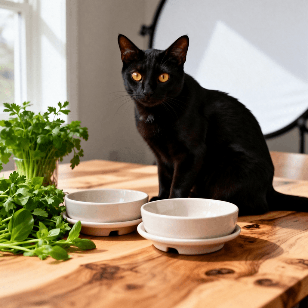 Ceramic Raised Cat Bowls with cat - professional product lifestyle photo