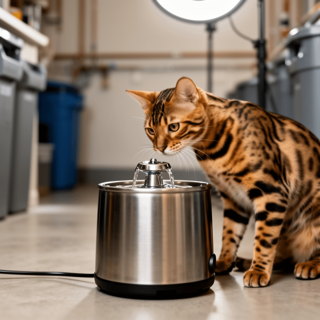 108oz/3.2L Stainless Steel Cat Water Fountain with with cat - professional product lifestyle photo