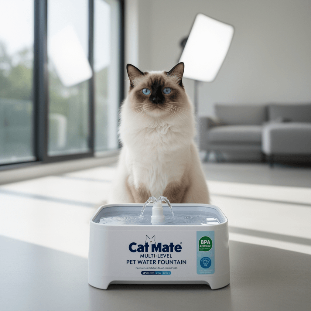 Cat Mate Multi-Level Pet Water Fountain - BPA and BHT Free with cat - professional product lifestyle photo