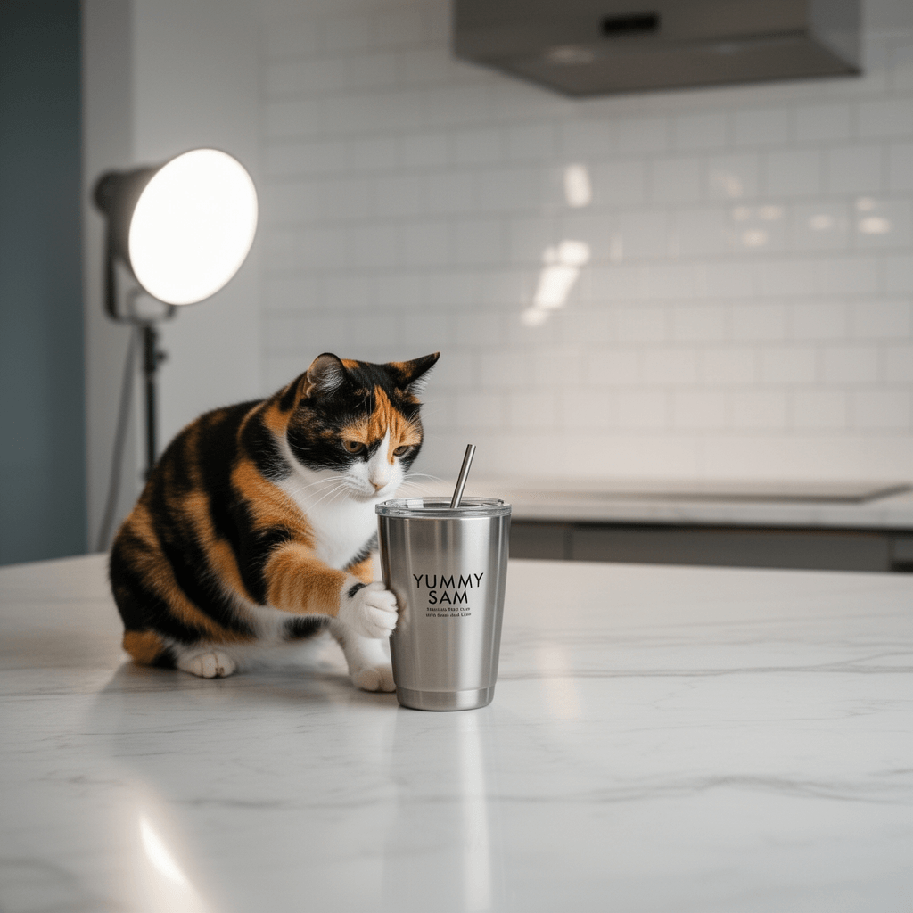 Yummy Sam Stainless Steel Cups with Straws and Lids with cat - professional product lifestyle photo
