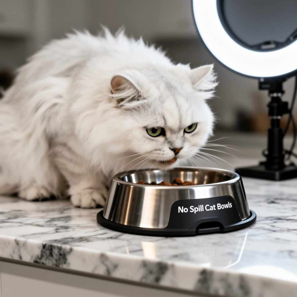 No Spill Cat Bowls with cat - professional product lifestyle photo