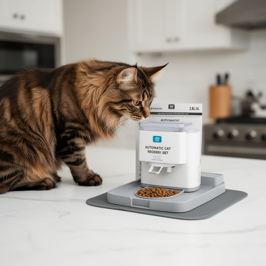 Automatic Cat Feeder 2.8L/4L Water Dispenser Set w/Tray Mat with cat - professional product lifestyle photo