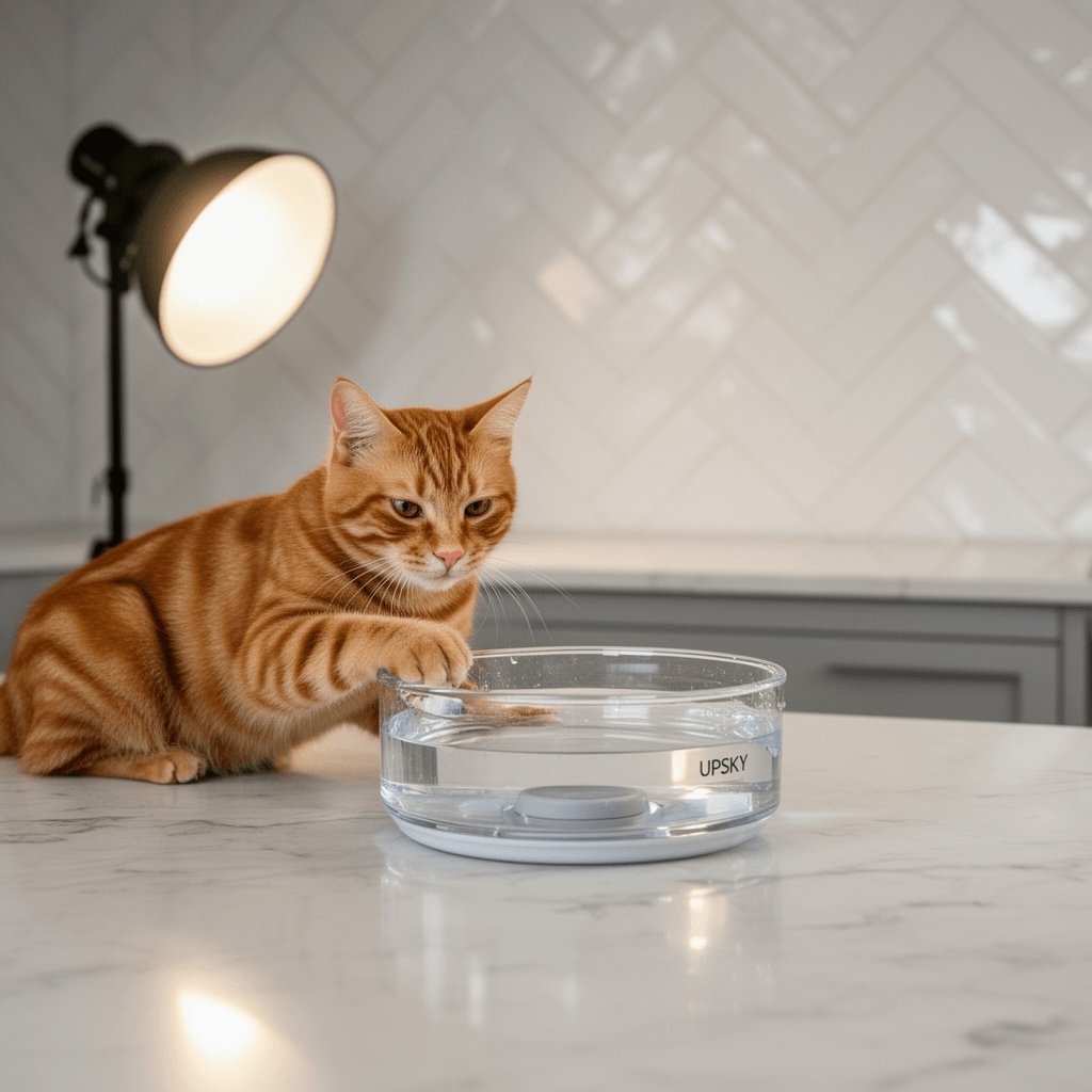 UPSKY No-Spill Pet Water Bowl with cat - professional product lifestyle photo