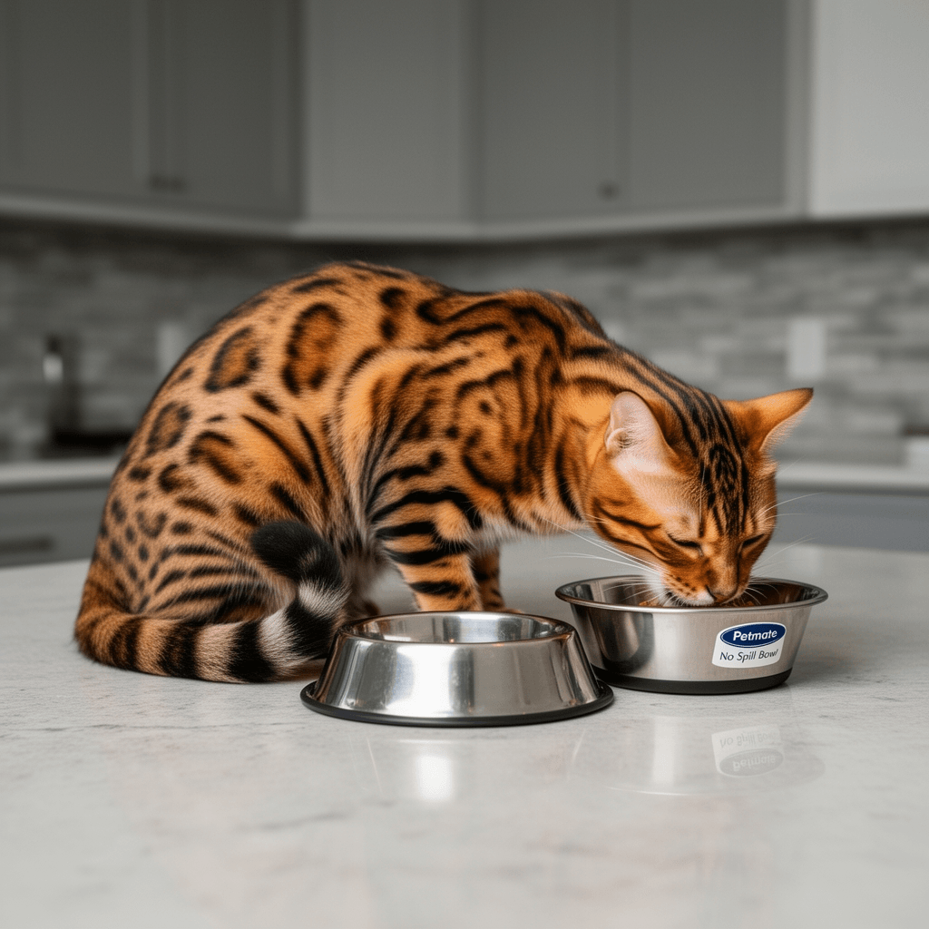 Petmate No Spill Bowl with cat - professional product lifestyle photo