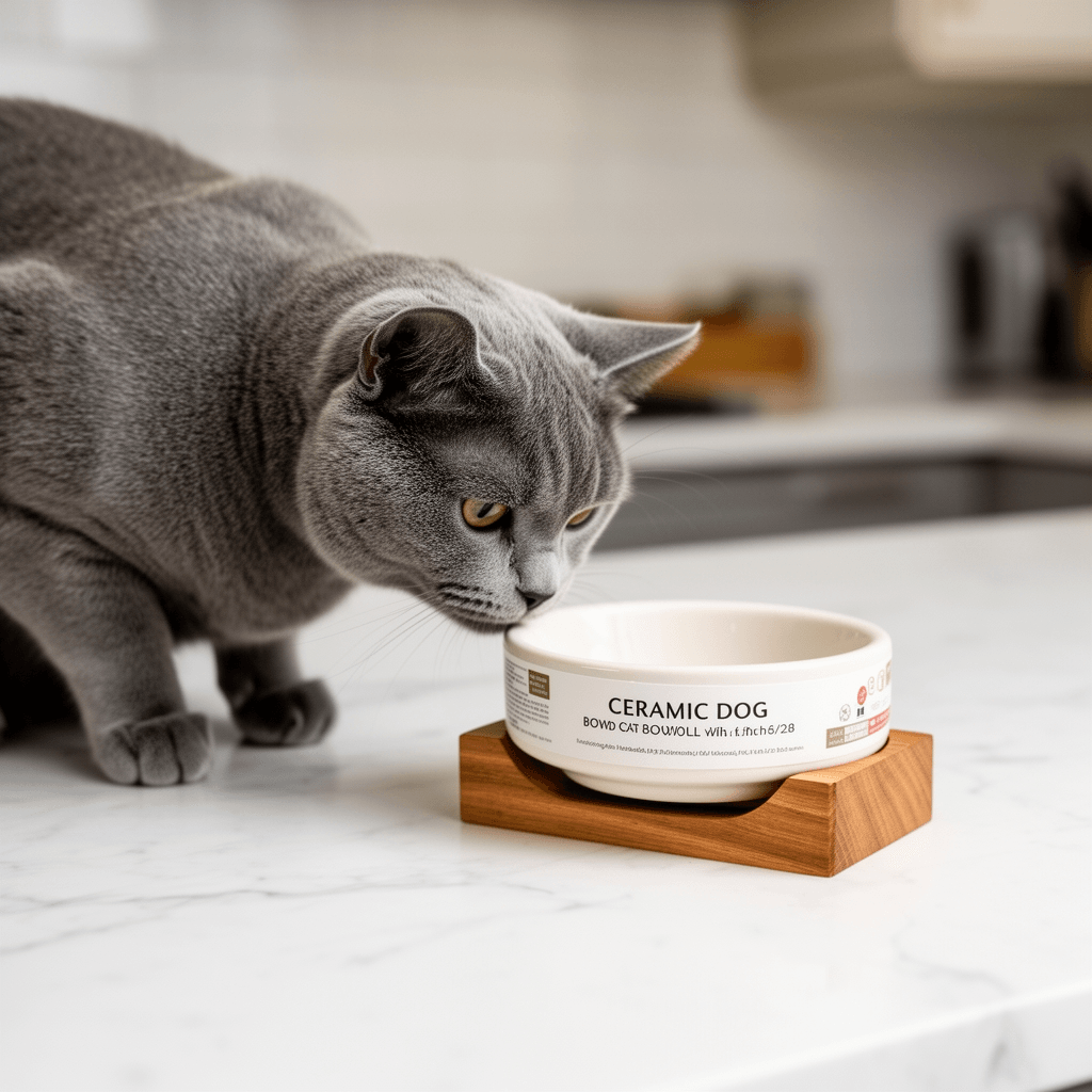 Ceramic Dog Cat Bowl with Wood Stand with cat - professional product lifestyle photo