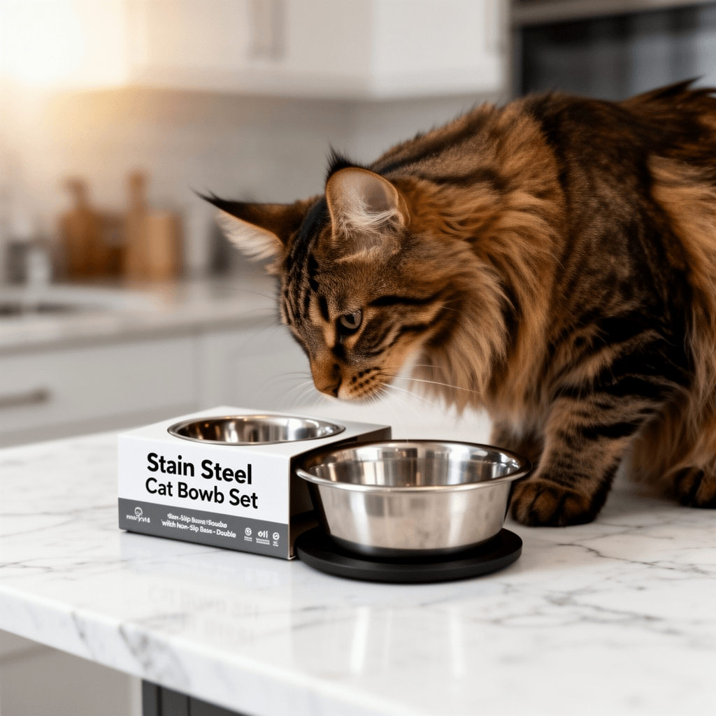 Stainless Steel Cat Bowls Set with Non-Slip Base - Double with cat - professional product lifestyle photo