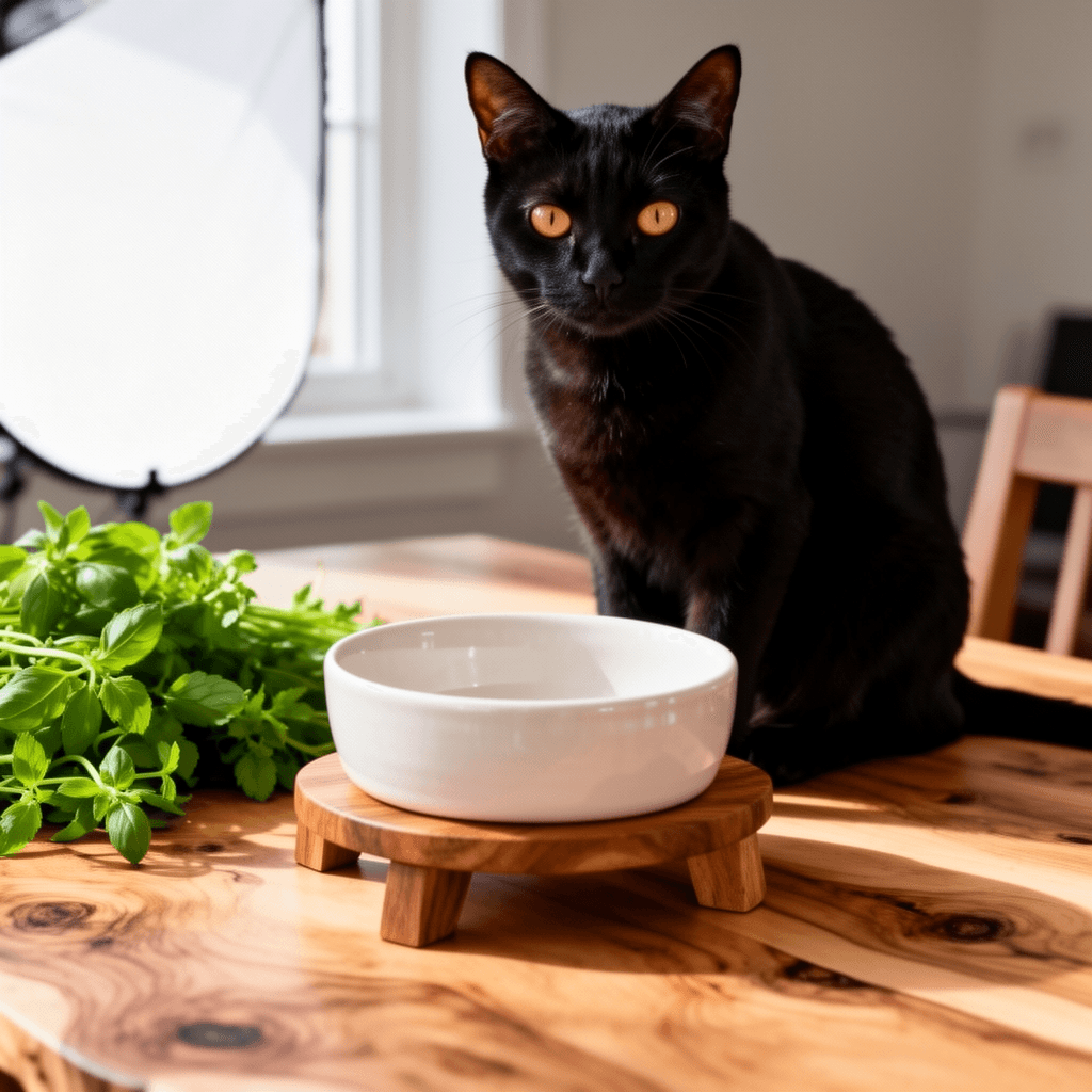 Ceramic Dog Cat Bowl with Wood Stand with cat - professional product lifestyle photo