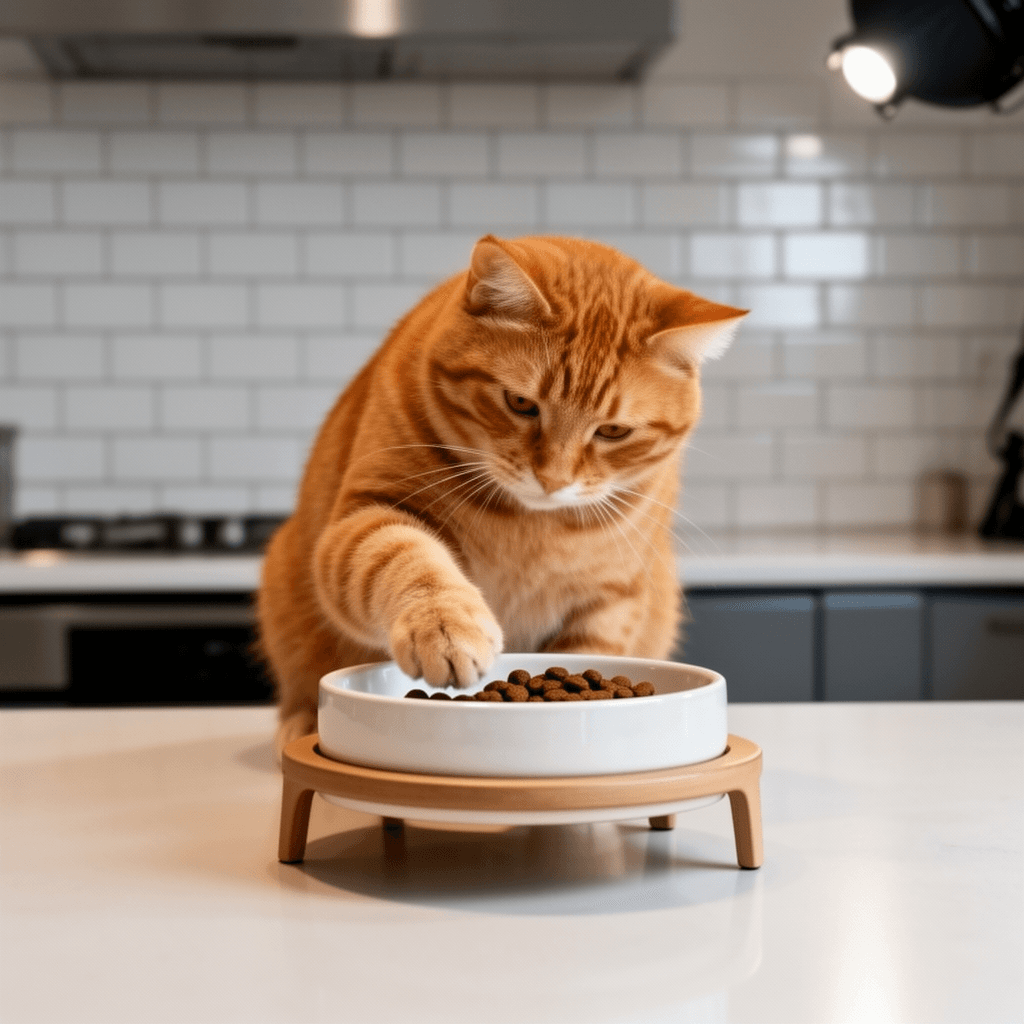 Raised Cat Food and Water Bowl Set - Elevated Ceramic Dishes with cat - professional product lifestyle photo
