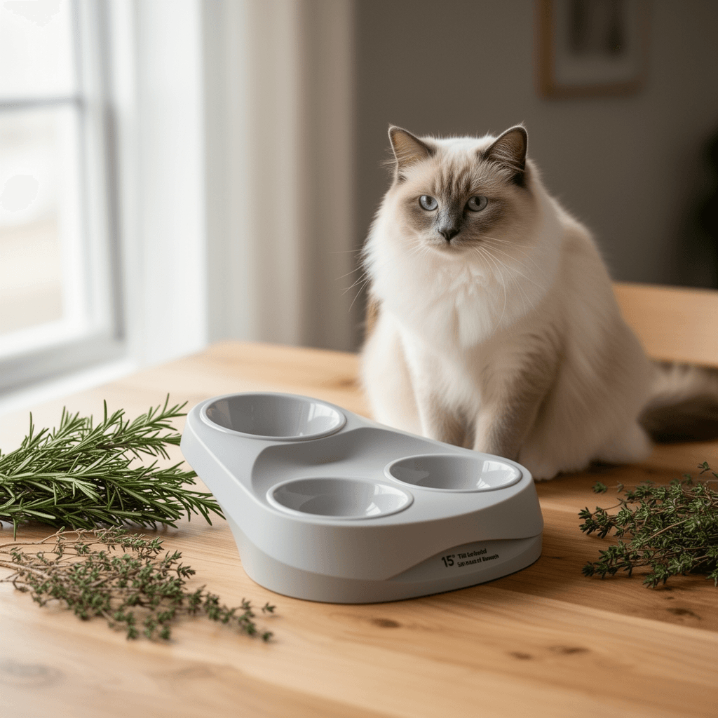 15° Tilted Elevated Cat Bowls - Raised Cat Bowls Stand with with cat - professional product lifestyle photo