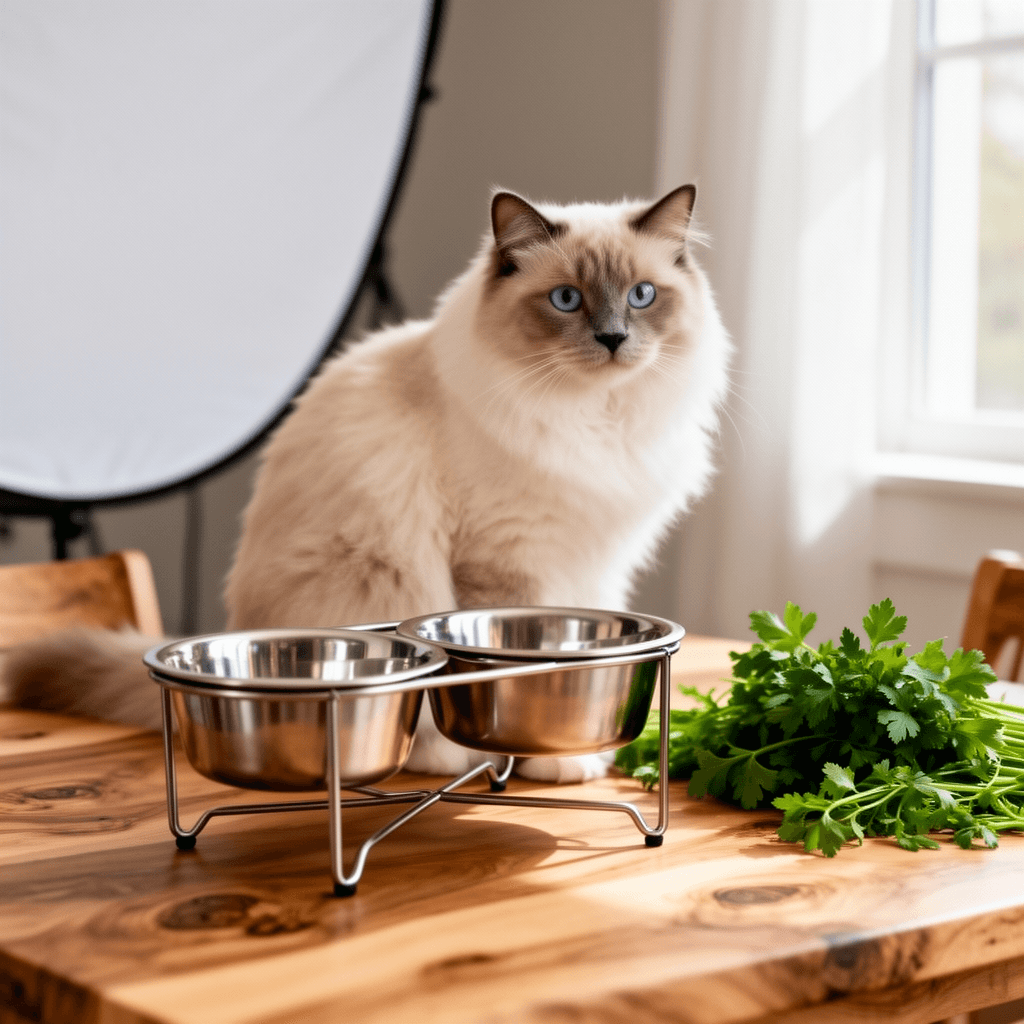 Ant Away Stainless Steel Elevated Cat Bowls with Stand - with cat - professional product lifestyle photo