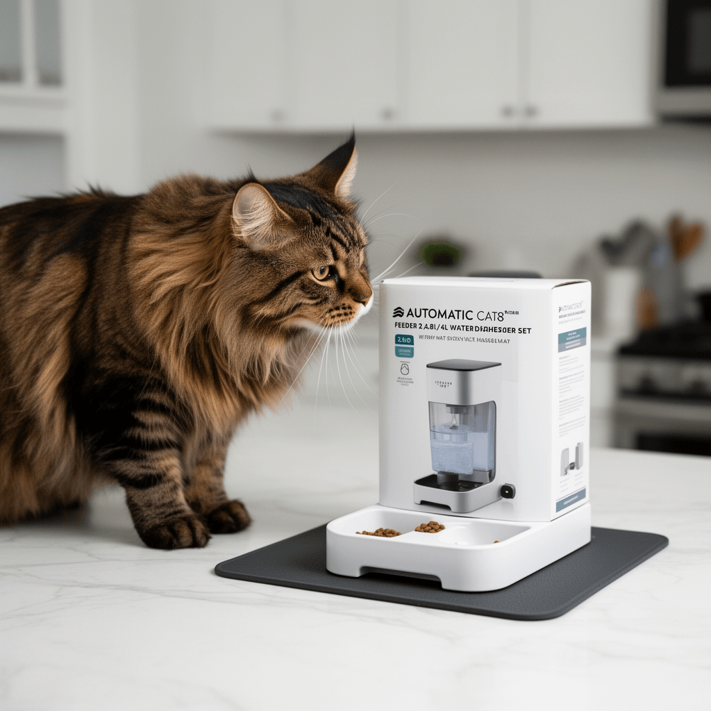 Automatic Cat Feeder 2.8L/4L Water Dispenser Set w/Tray Mat with cat - professional product lifestyle photo