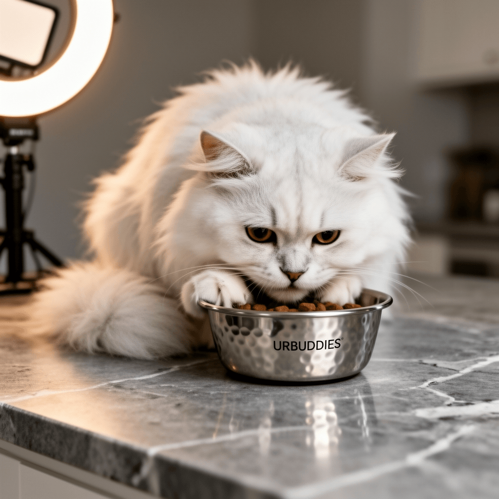 URBUDDIES 2 Pack Hammered Stainless Steel Cat Bowls with cat - professional product lifestyle photo