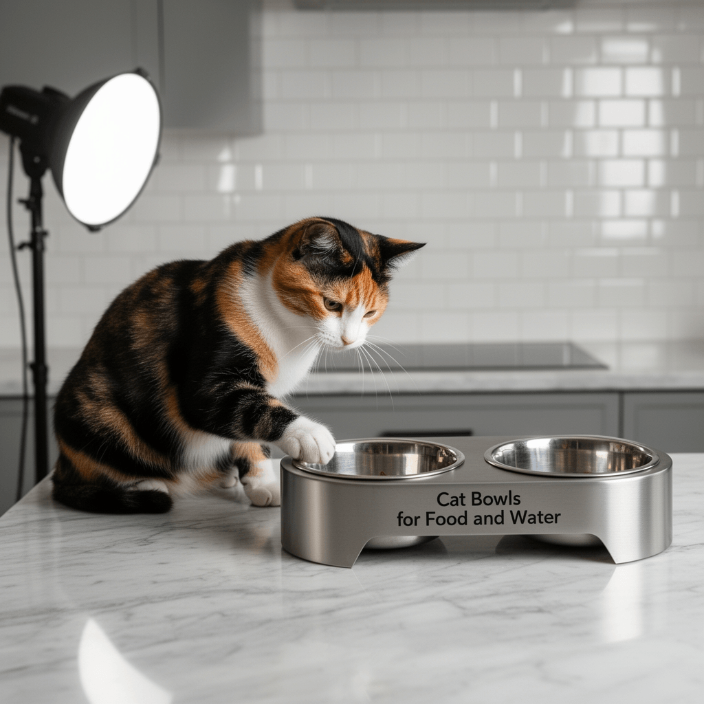 Cat Bowls for Food and Water with cat - professional product lifestyle photo