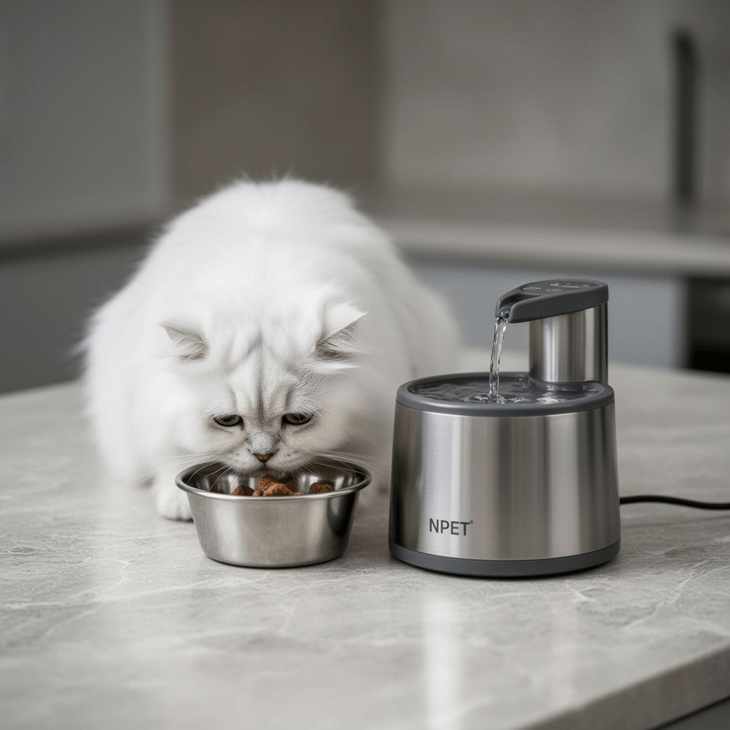 NPET Stainless Steel Cat Water Fountain with cat - professional product lifestyle photo