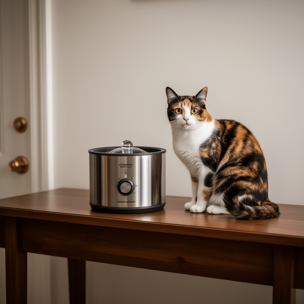 Automatic Pet Water Fountain 4.5L Large Capacity Stainless with cat - professional product lifestyle photo