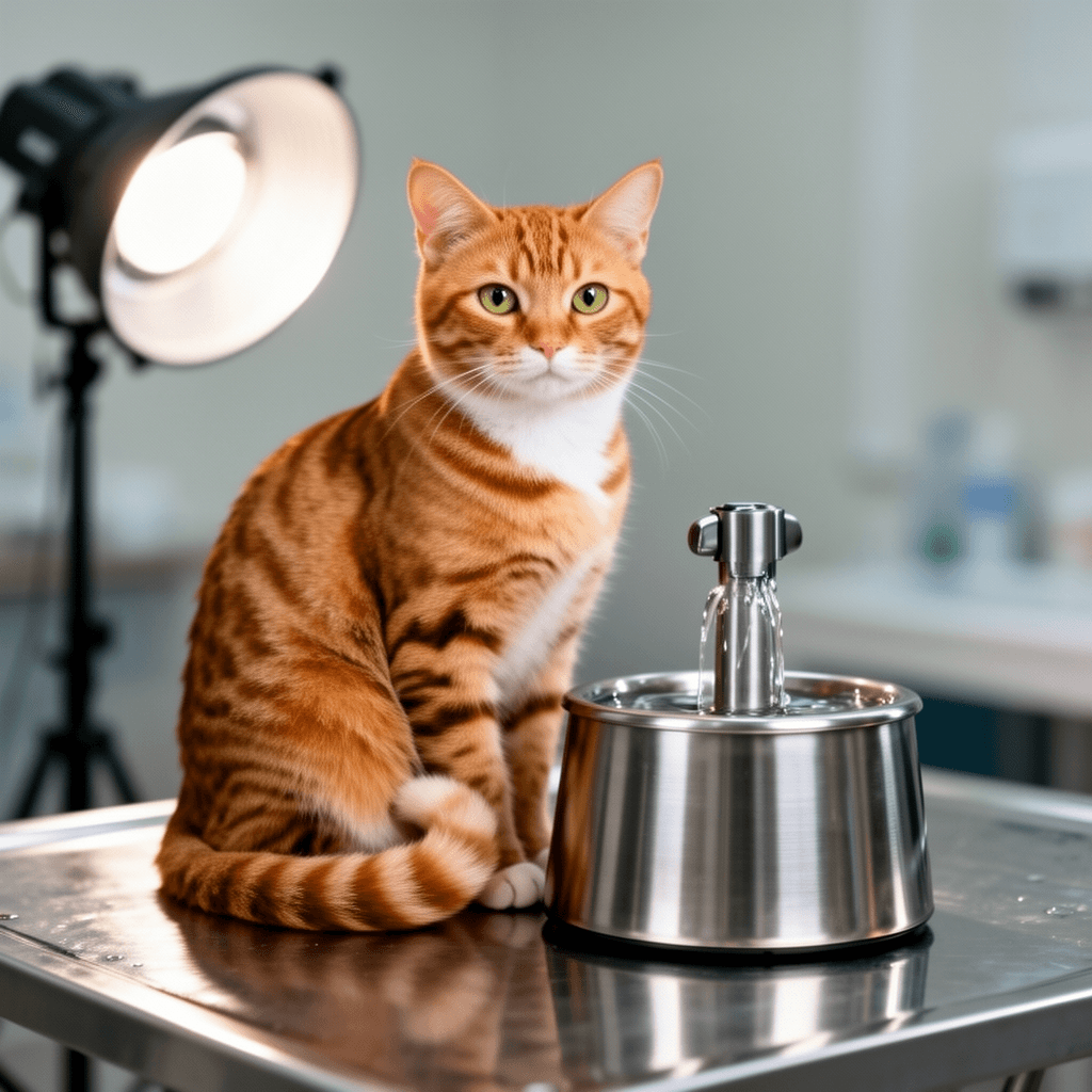 Stainless Steel Cat Fountain with cat - professional product lifestyle photo