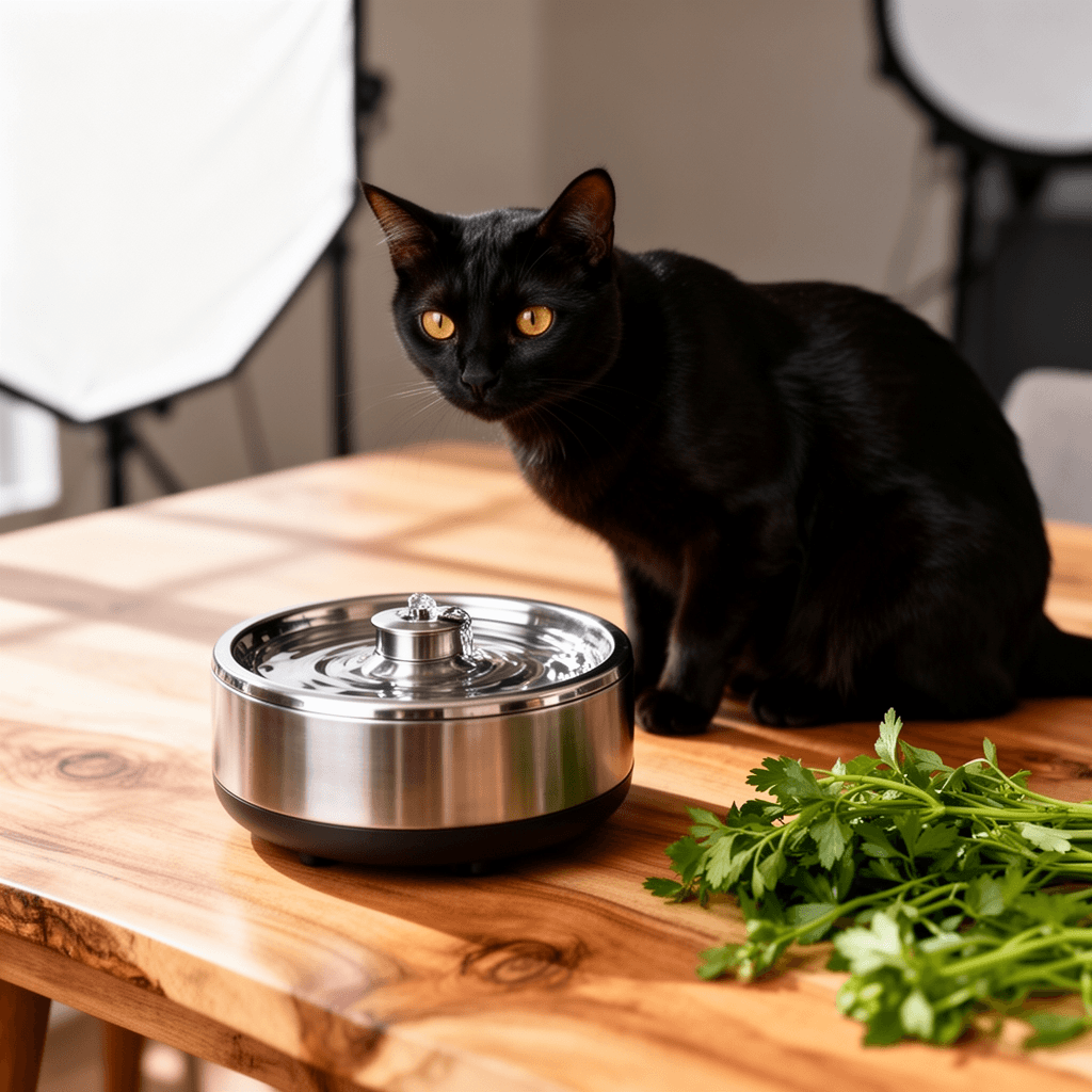 Crystal Cat Water Fountain Stainless Steel Lid with cat - professional product lifestyle photo