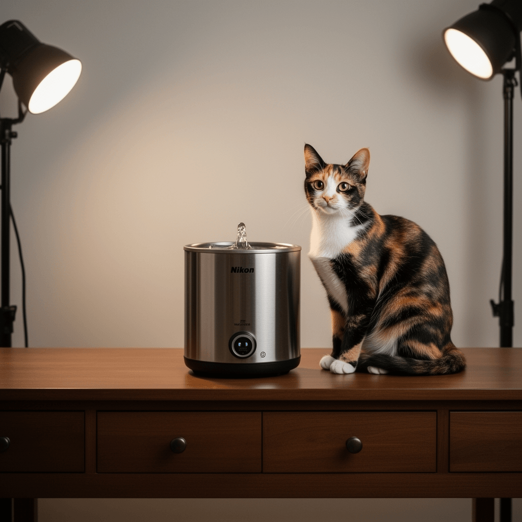 Cat Water Fountain Stainless Steel with cat - professional product lifestyle photo