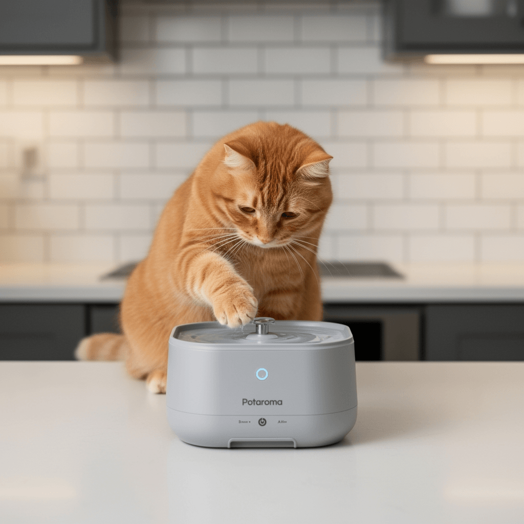 Potaroma Smart Wireless Pet Water Fountain with cat - professional product lifestyle photo