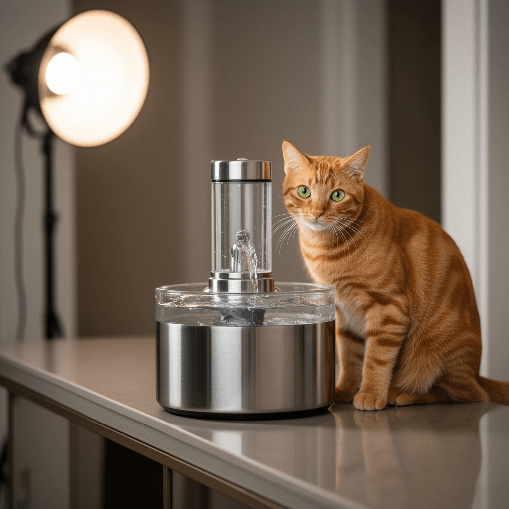 iPettie Cat Water Fountain Stainless Steel with cat - professional product lifestyle photo