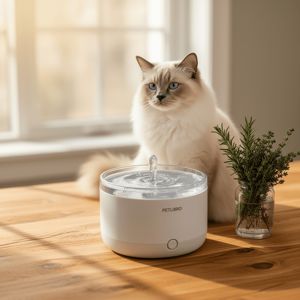 PETLIBRO Cat Water Fountain with cat - professional product lifestyle photo