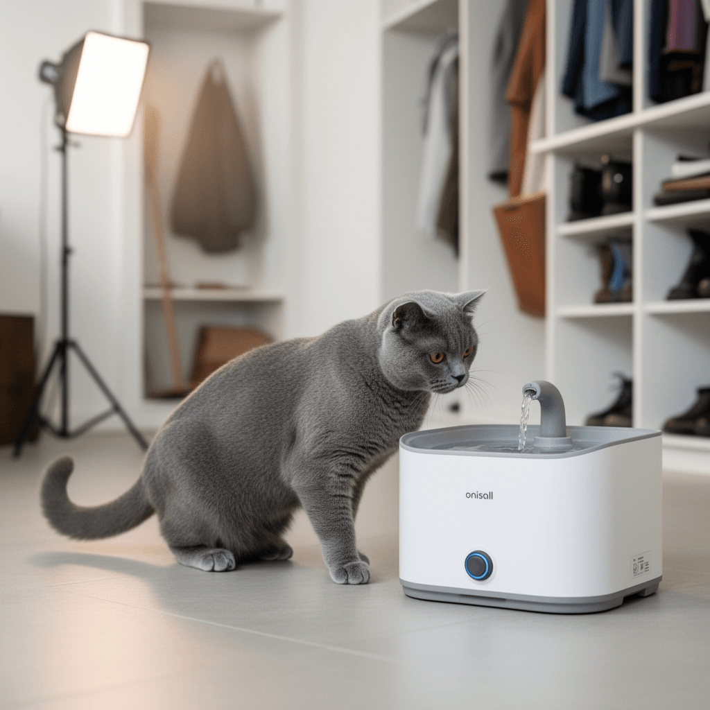 oneisall Wireless Cat Water Fountain: 74oz/2.2L Cordless Pet with cat - professional product lifestyle photo