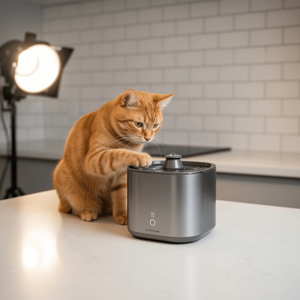 Wireless Cat Water Fountain with cat - professional product lifestyle photo