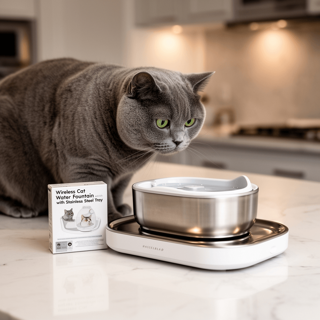 Wireless Cat Water Fountain with Stainless Steel Tray with cat - professional product lifestyle photo