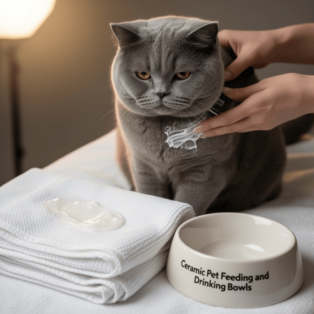 Ceramic Pet Feeding and Drinking Bowls with cat - professional product lifestyle photo