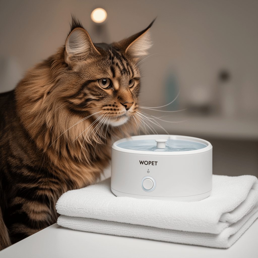 WOPET Wireless Cat Water Fountain with cat - professional product lifestyle photo
