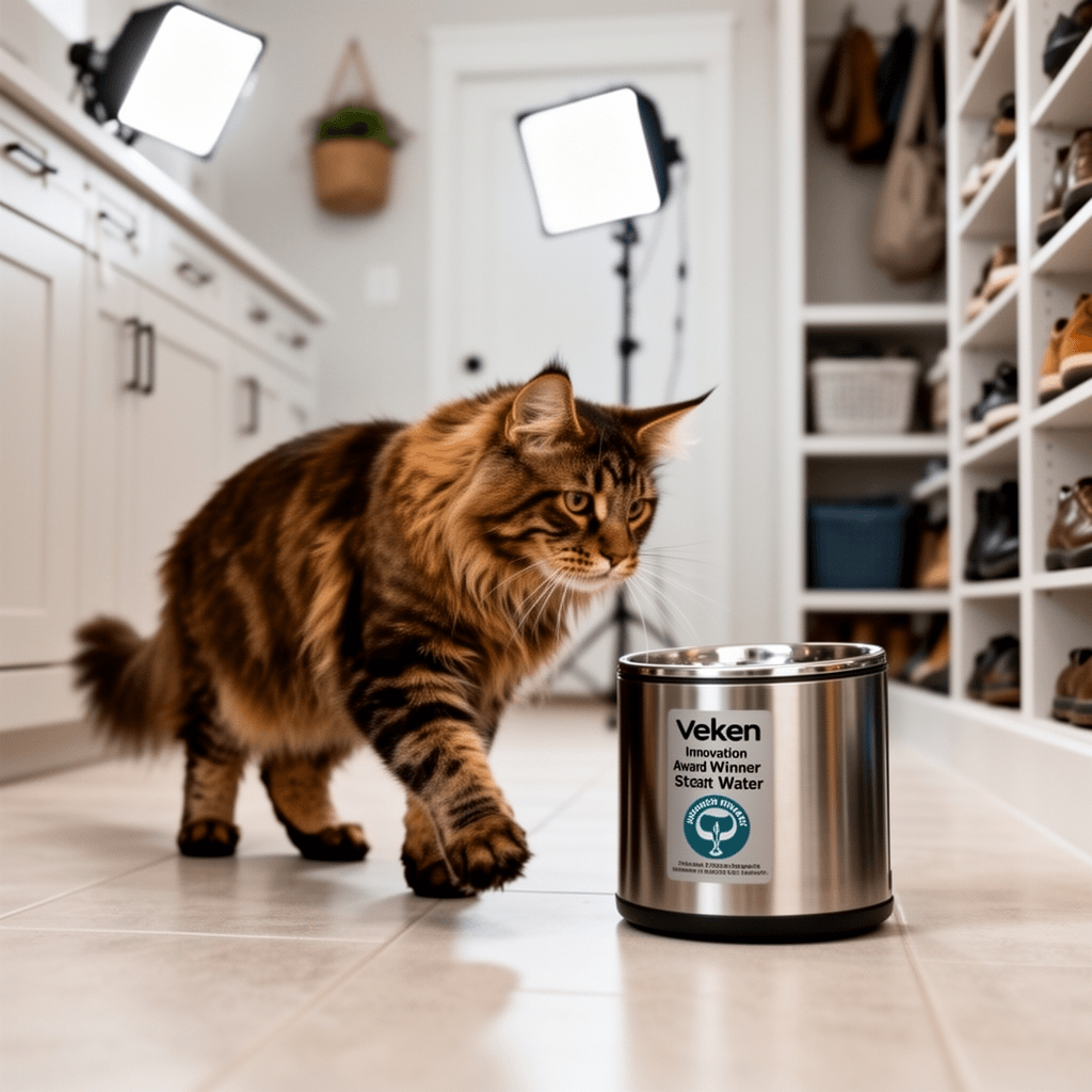Veken Innovation Award Winner Stainless Steel Cat Water with cat - professional product lifestyle photo